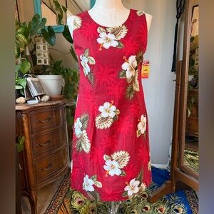 NWT Pacific Legend Tropical Hibiscus Monstera Hawaiian Tank Mini Dress Red L